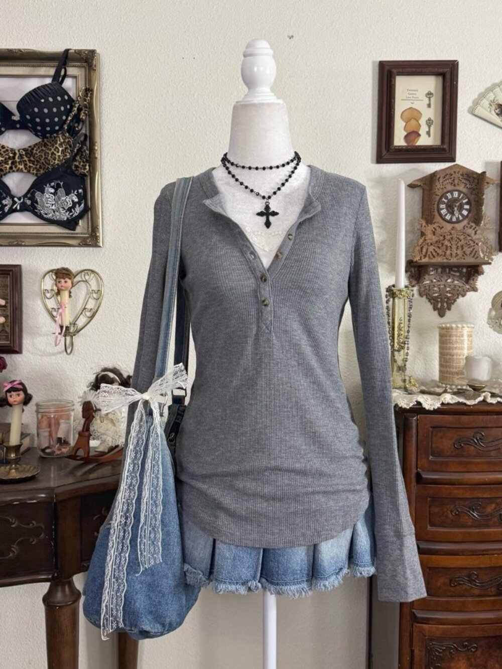 Preppy girly grunge grey thermal knit long sleeve henley top